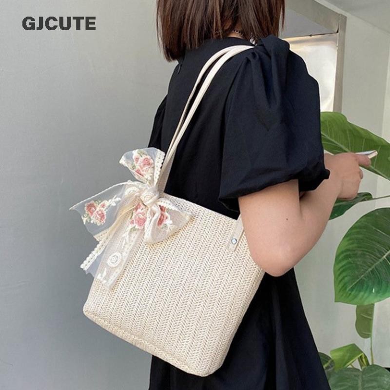 Gjcute ฟางทอความจุขนาดใหญ่แฟชั่นใหม่มือถือกระเป๋าสะพาย Tote Bag WTD