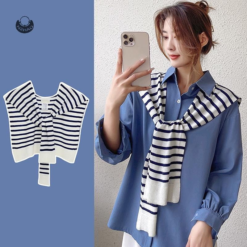N2hao เกาหลีลายถักผ้าคลุมไหล่อบอุ่นฤดูหนาวหญิงเสื้อไหล่ปลอม Collar Cape Knotted ผ้าพันคอ Stripe Outerwear A