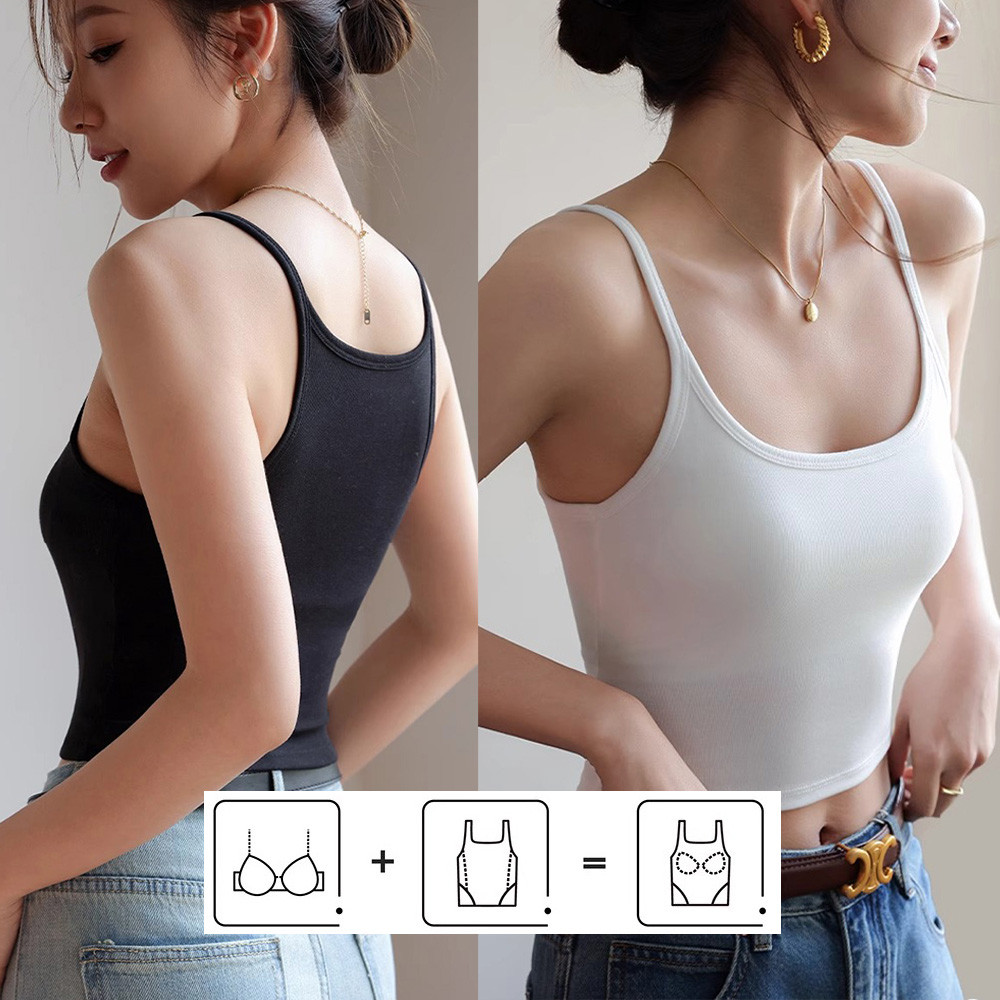 2 in 1 เสื้อครอปคอยูผ้าฝ้าย เสื้อกล้าม I เสื้อตัวสั้นสีเทาดําขาวขั้นพื้นฐาน