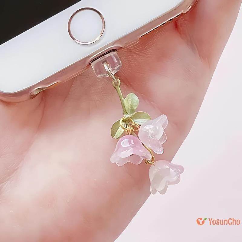 Yosuncho] 1PC สําหรับโทรศัพท์/อินเทอร์เฟซ Type-C น่ารักสีชมพู Lily Of The Valley โทรศัพท์ Charm ดอกไม้สีเขียวใบปลั๊กฝุ่น DIY อุปกรณ์เสริมใหม่
