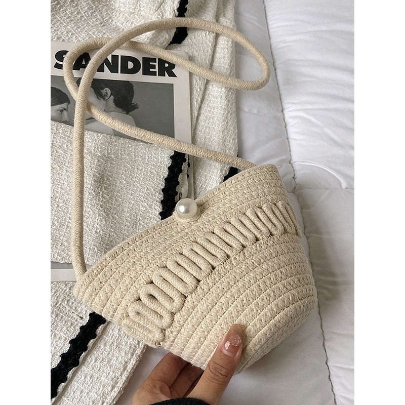 พร้อมส่ง กระเป๋าเชือกถักมุก เล่นลาย เชือกฝ้าย สายยาว งานเกรดพรีเมี่ยม P283