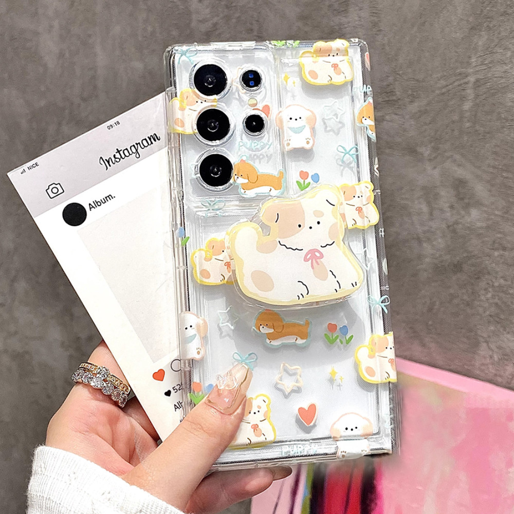 Kawaii การ์ตูนลูกสุนัขเคสโทรศัพท์ใสพร้อมขาตั้งสําหรับ Galaxy S24 Ultra S23 Plus S22 S20 FE A71 A54 A53 A52S A12/M12 A04 A23 ป้องกันเลนส์กันกระแทก Soft TPU ฝาหลัง