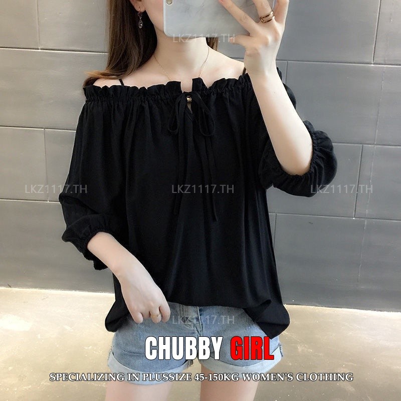 Plus size เสื้อสาวอวบ ไซส์ใหญ่ ผู้หญิง เสื้อปาดไหล่ ทรงหลวม แขนสั้น สีดำ ฤดูร้อน สไตล์เกาหลีแฟชั่น