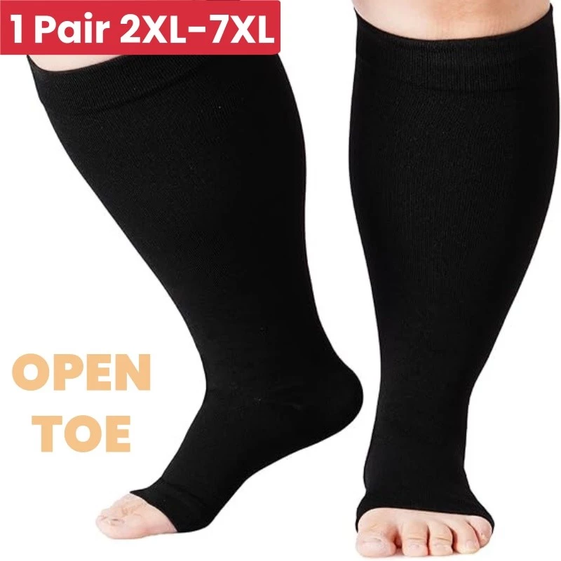 1 คู่ 2XL-7XL Plus ขนาดถุงเท้าการบีบอัดเปิดนิ้วเท้าผู้หญิง & ผู้ชาย 15-20mmHg กว้างลูกวัวเข่าสูง Toeless ถุงเท้าการบีบอัด