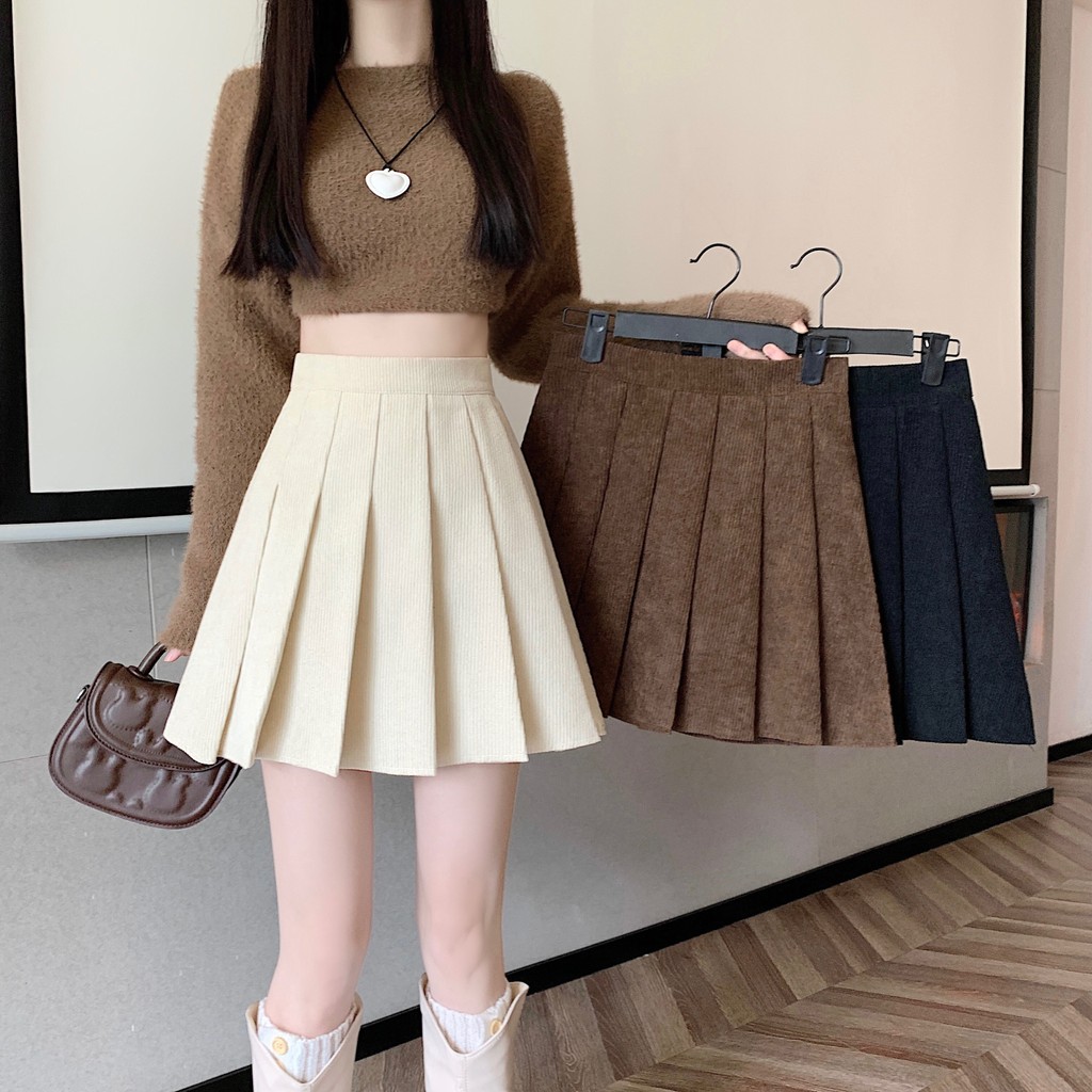 Suxi ฤดูใบไม้ร่วงฤดูหนาวใหม่ Retro Elegant เอวสูงผู้หญิงถัก A-line กระโปรงสั้น 241107