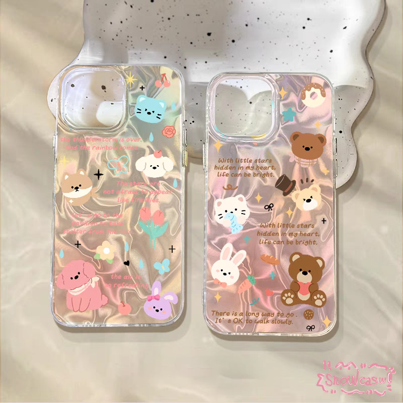 ลูกสุนัขลูกแมวน่ารักหมีส่องแสงดาวดอกไม้สำหรับ เคส IPhone 11 16 15 13 14 12 Pro Max 8 16 14 7 15 Plus XR X XS Max SE 2022