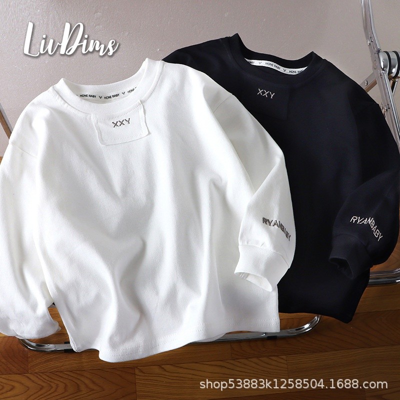 เสื้อยืดผ้าฝ้ายแท้สำหรับเด็กแขนยาวปักลายต่างประเทศเสื้อกันหนาวขนาดกลางและขนาดใหญ่สำหรับเด็กชายและเด็กหญิง