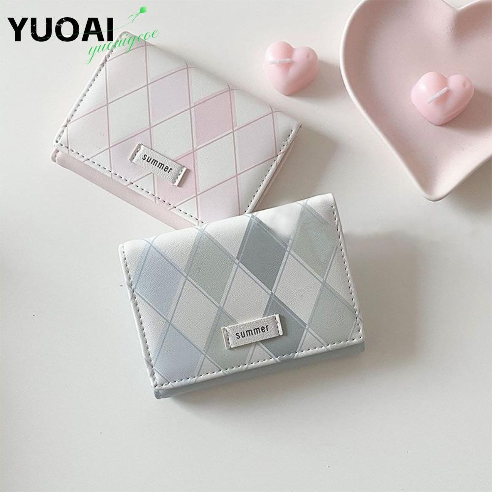 Yuoai กระเป๋าใส่บัตร, กระเป๋าสตางค์ใส่บัตรแบบเรียบง่ายสีน้ําเงิน, PU มัลติฟังก์ชั่นสไตล์เกาหลีพร้อมที่ใส่บัตรเครดิตลายตารางหมากรุกผู้หญิง