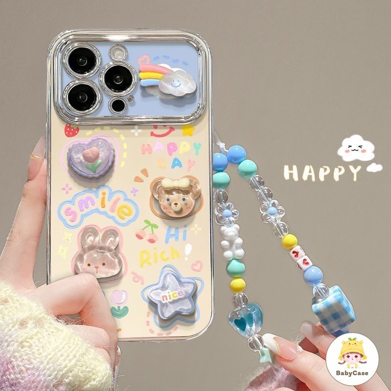 เคสไอโฟน 15 สำหรับ iPhone 11 13 15 16 14 12 Pro Max 7 8 15 13 14 16 Plus X XR XS Max สร้อยข้อมือกระต่ายรอยยิ้มที่ดี