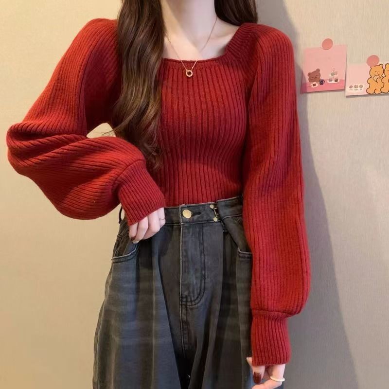 เสื้อถักคอสี่เหลี่ยมสตรีฤดูใบไม้ร่วง / ฤดูหนาวคริสต์มาส / ปีใหม่เสื้อกันหนาวสีแดง