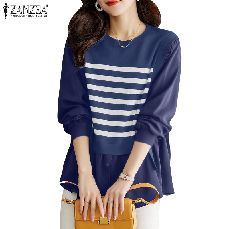 ZANZEA ใส่ ซานเซีย ผู้หญิงแฟชั่นเกาหลี โอ-คอลายเย็บปะติดปะต่อกันแขนยาวปลอมสองชิ้นเสื้อ