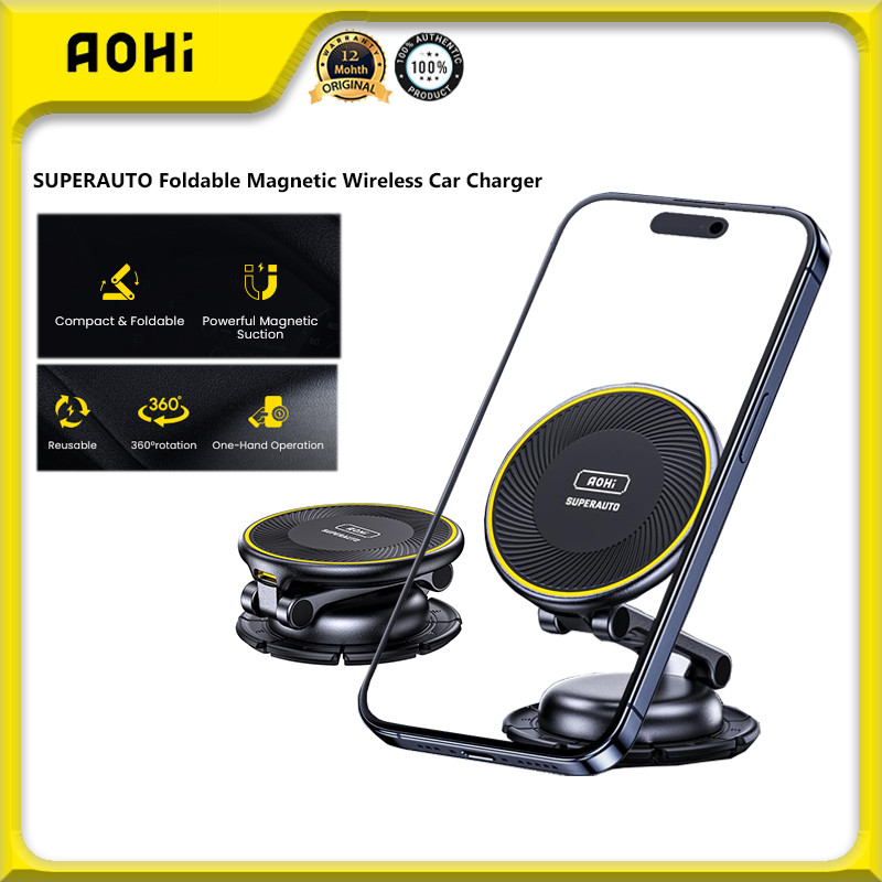 Aohi SUPERAUTO เครื่องชาร์จในรถยนต์ไร้สาย 360° ขายึดเครื่องชาร์จในรถยนต์แบบแม่เหล็ก 15W แบบพับได้แดชบอร์ด