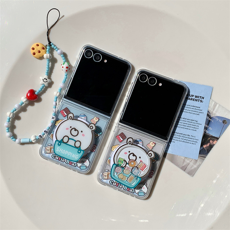 การ์ตูนขนมขบเคี้ยวหมีวงเล็บแม่เหล็กสร้อยข้อมือเคสโทรศัพท์สําหรับ Samsung Galaxy Z Flip 5 6 Z Flip6 ZFlip 6 ZFlip6 2 ใน 1 กันกระแทก