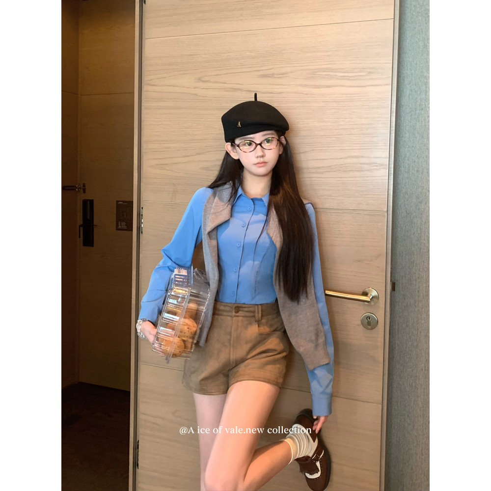 หนังสีกากีกางเกงขาสั้นลําลองผู้หญิงฤดูใบไม้ร่วงฤดูหนาวเอวสูงแฟชั่นสะโพกคลุมกางเกงร้อน