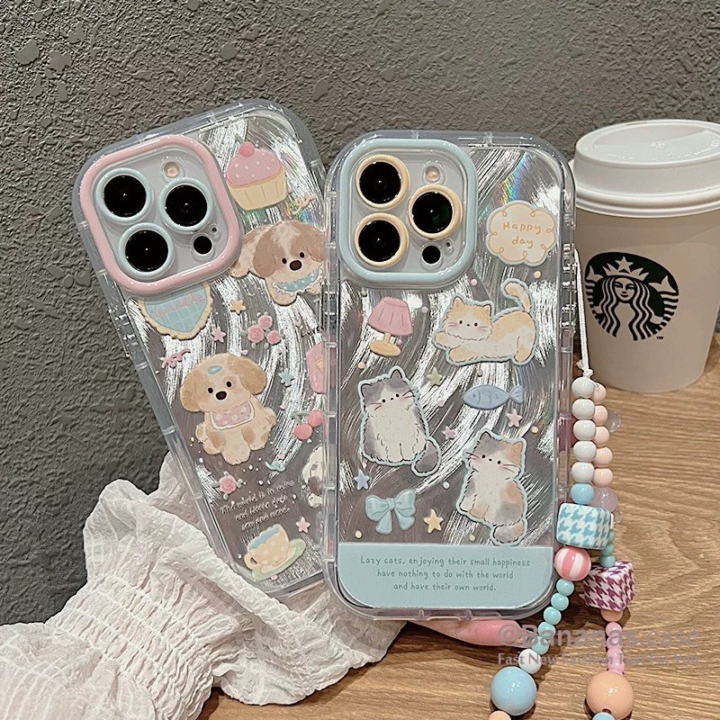 Iphone 16 15 14 13 12 11 Pro Max X Xr Xs Max 7 8 Plus SE2020 เคสโทรศัพท์แมวน่ารักและปลา + Lanyard Bling Clear เคสโทรศัพท์