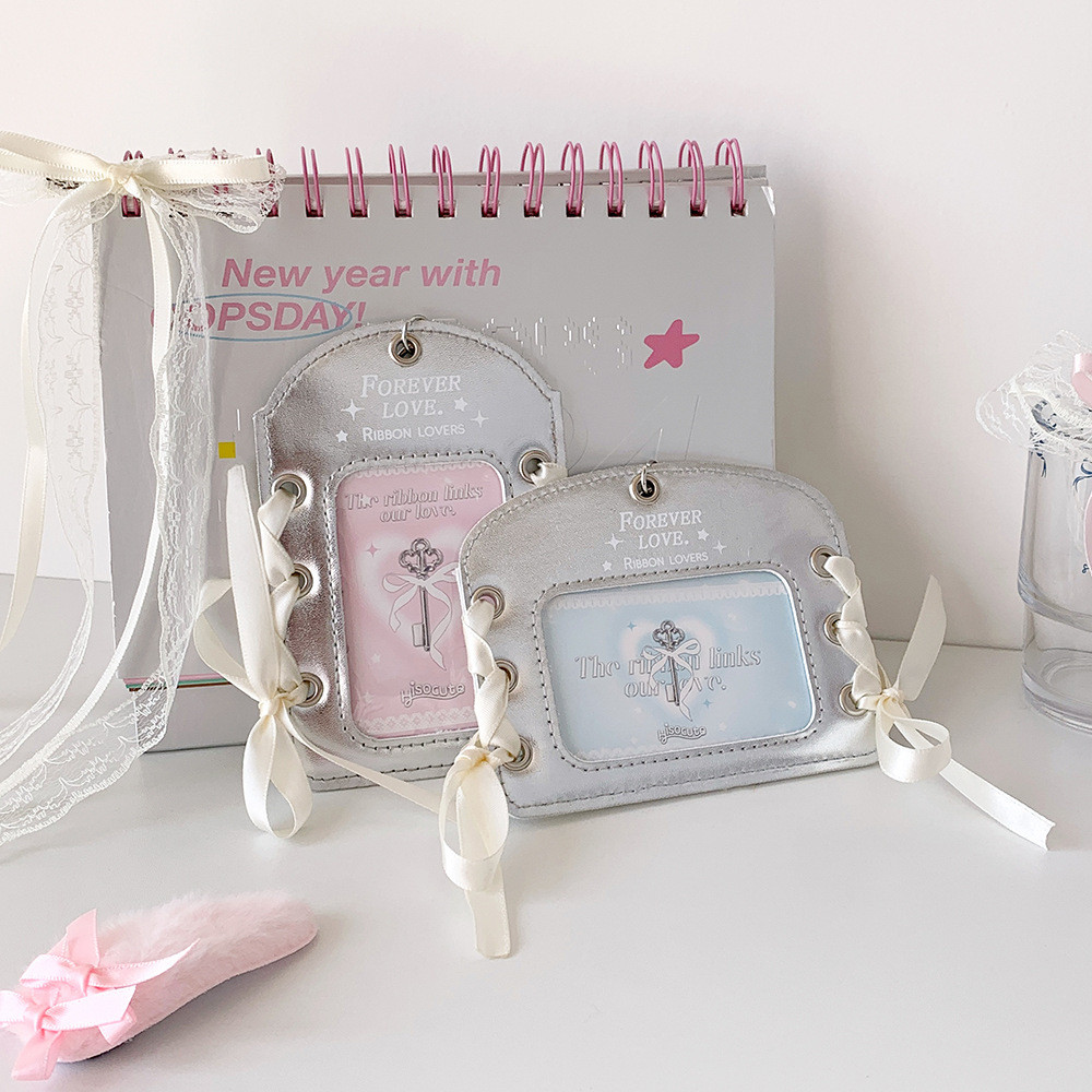 Ins Ballet Silver Leather PU Card Holder Ballet 3 Inch Small Card Display Hanging Protective Case Ribbon Idol Card Holder