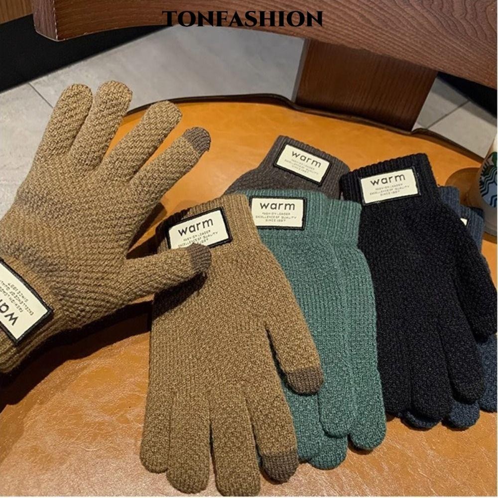 Tonfashion ถุงมือหน้าจอสัมผัส, ถุงมือถักฤดูหนาวกันลมตุ๊กตา, ถุงมือปั่นจักรยานสีทึบหนาอบอุ่นเกาหลีผู้ชาย