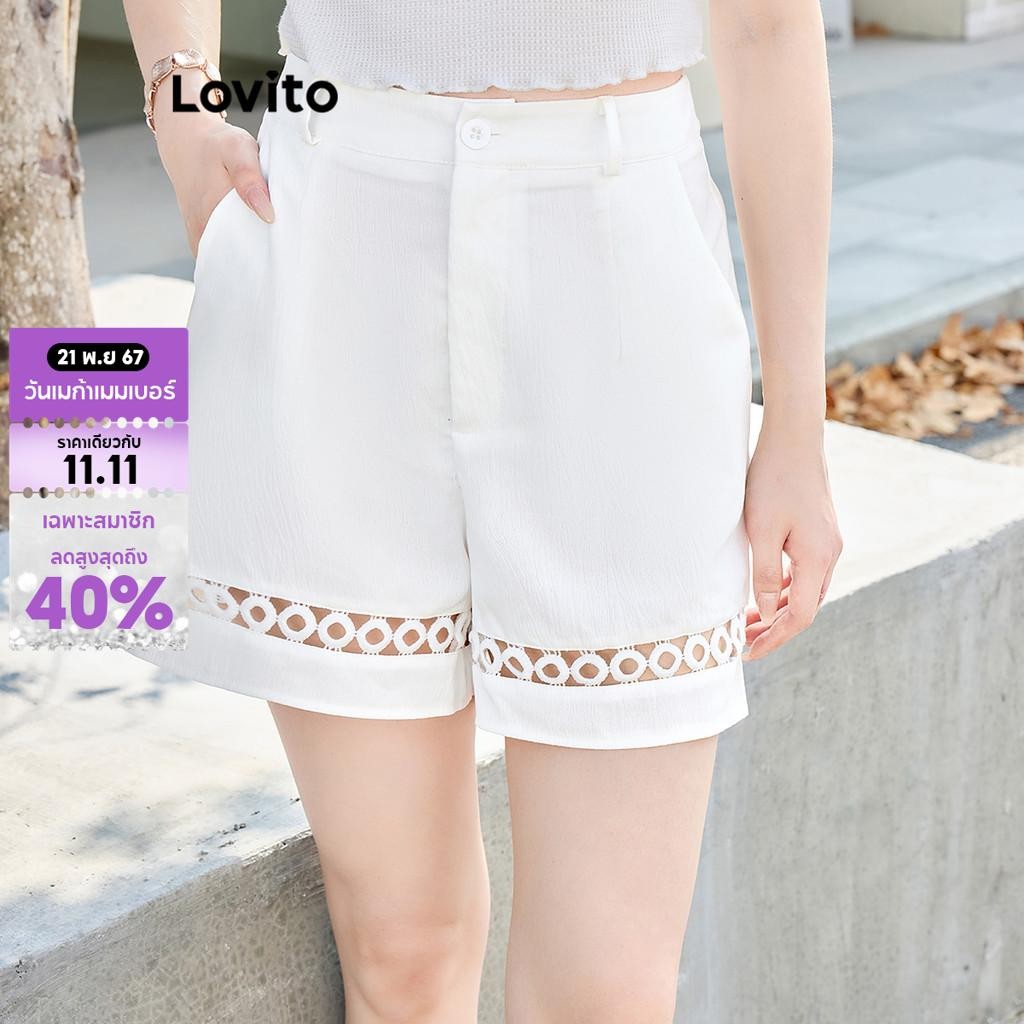 Lovito กางเกงขาสั้นซิปเรียบหรูสำหรับผู้หญิง L108ED636