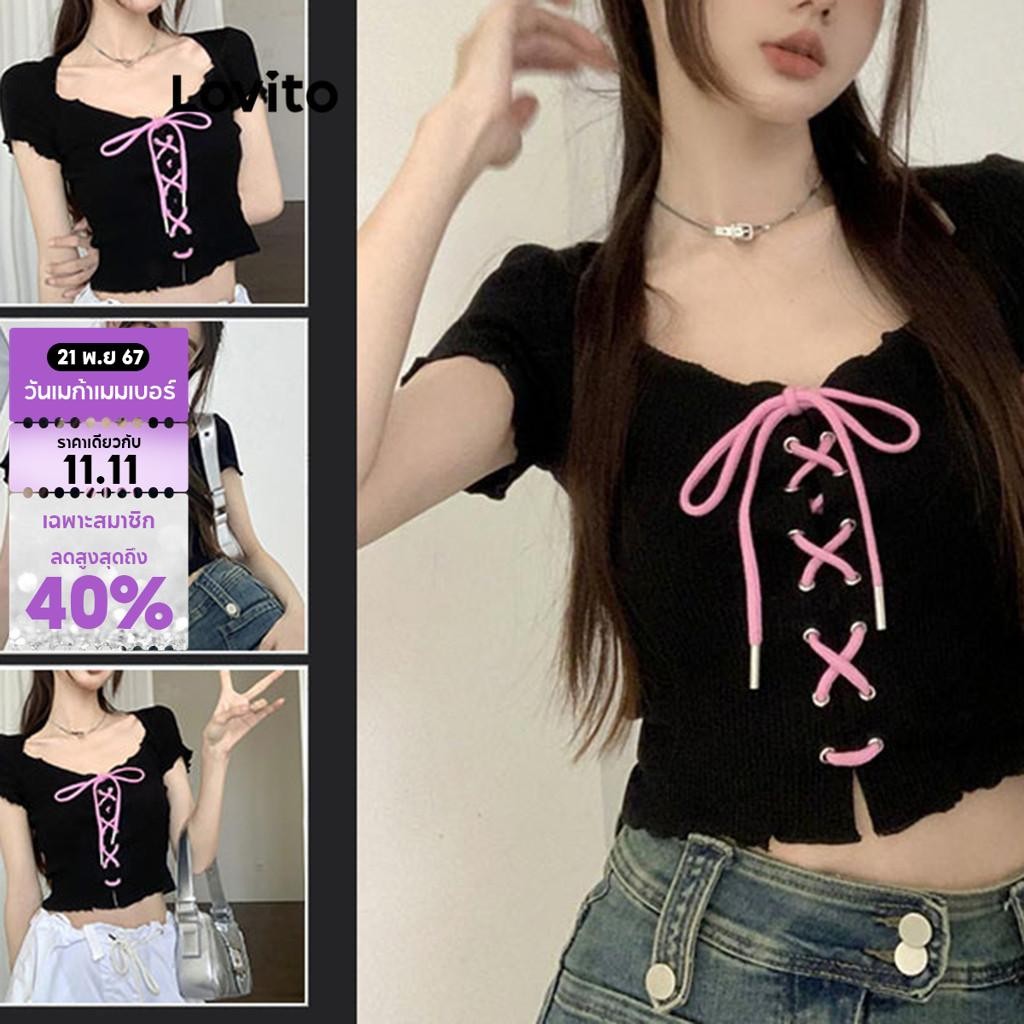 Lovito เสื้อยืดผู้หญิง ขอบหยัก แบบผูกหน้า สีพื้น สไตล์ลำลอง L85AD033