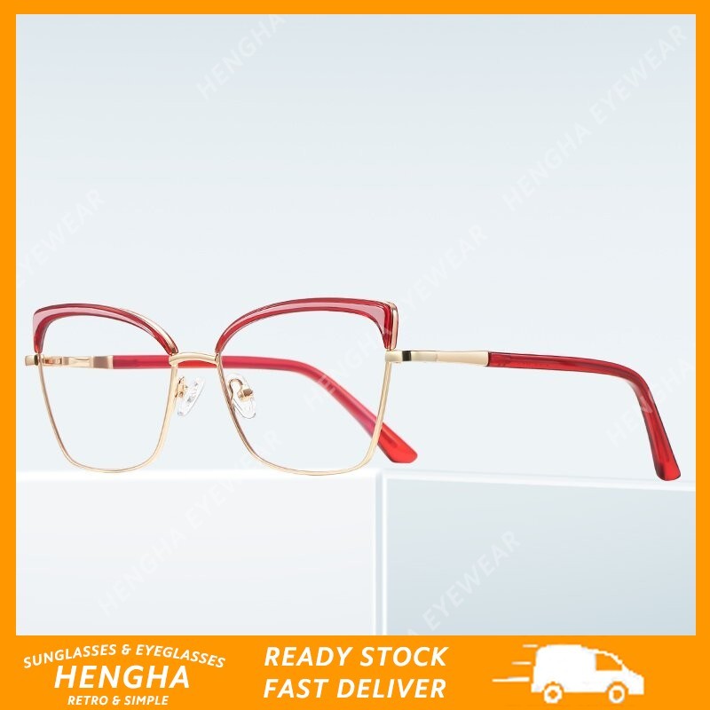 (HENGHA) แว่นตาแมวตาสีแดงย้อนยุคสําหรับผู้หญิงแฟชั่นตะวันตก TR90 แว่นตาออปติคอลป้องกันแสงสีฟ้าคุณภาพ