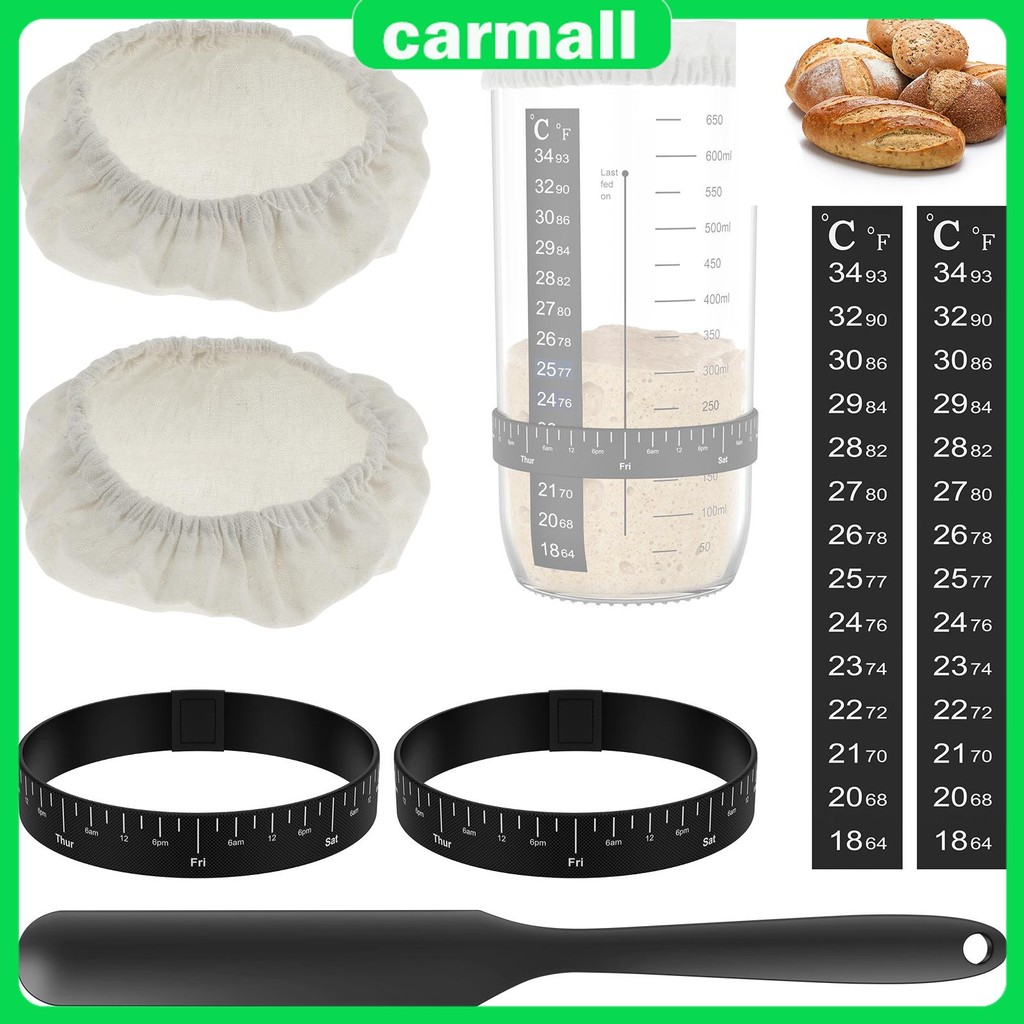 7 ชิ้น Sourdough Starter Kit Sourdough Starter อุปกรณ์เสริมผ้าครอบคลุมอุณหภูมิและวันที่ Marked Feedi