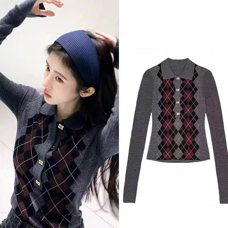 Ju Jingyi สไตล์เดียวกันสีเทา POLO Collar Retro เพชรเสื้อถัก Preppy สไตล์เสื้อแขนยาวเสื้อแจ็คเก็ต
