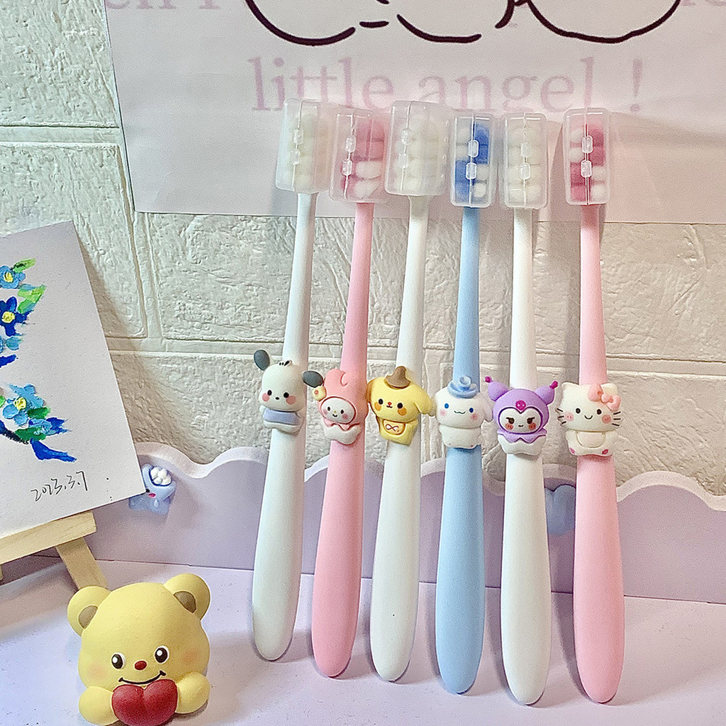 Sanrio แปรงสีฟันขนนุ่มน่ารักการ์ตูน Kuromi Melody Cinnamoroll แปรงสีฟันทําความสะอาดฟันสําหรับนักเรียนหญิงคู่