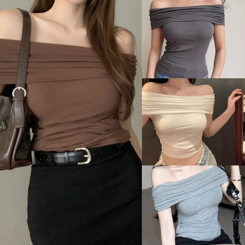 เสื้อคอเหลี่ยมแขนสั้น สไตล์เซ็กซี่ เอวเข้ารูป