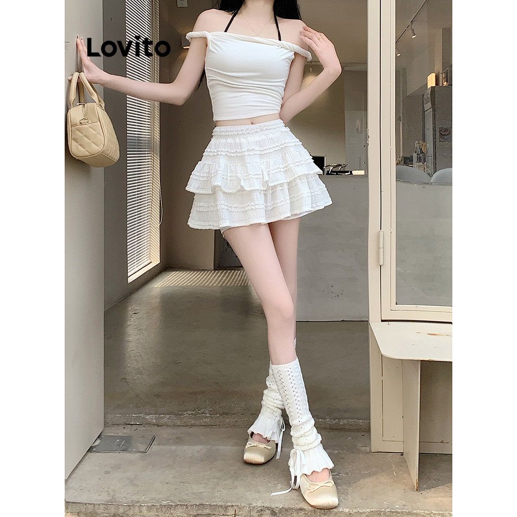 Lovito กระโปรงผู้หญิง ชายระบาย สีพื้น สไตล์ลำลอง L88AD161