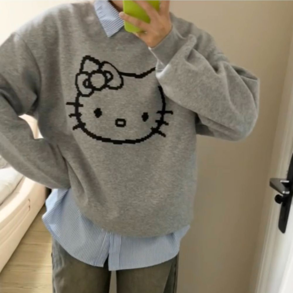 Retro Hello Kitty เสื้อกันหนาวผู้หญิงแฟชั่นเสื้อแขนยาวหลวมรอบคอเสื้อสวมหัว