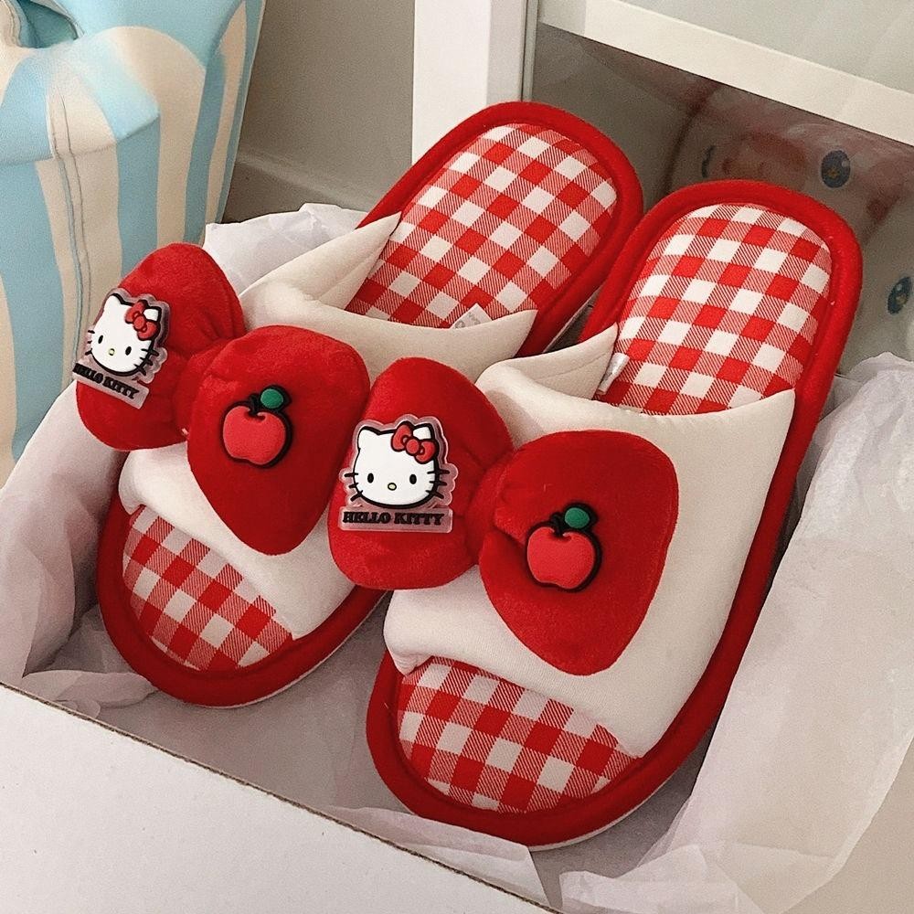 Luxeliving รองเท้าแตะ Cinnamoroll, Kitty Cat ผ้าฝ้ายและผ้าลินิน My Melody One-line รองเท้าแตะ, แฟชั่น Plush Soft Non-Slip Bow Kuromi สไลด์ผู้หญิง