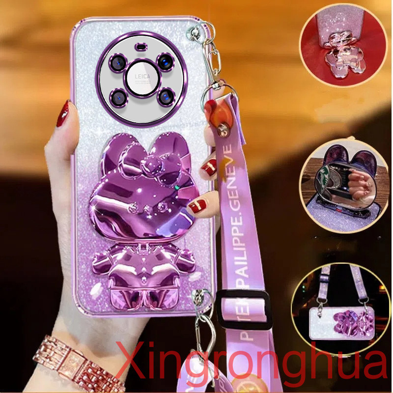 เคสโทรศัพท์สําหรับ Honor X9 X9A X9B X8 X8A X8B 8X X7A X7B X6 X6A X6s 4G 5G หรูหราไฟฟ้าโปร่งใสG Glitter 3D กระต่ายวงเล็บCrossbodyกระจกเครื่องสําอางเคสโทรศัพท์