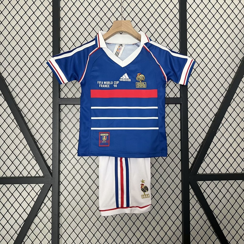 1998 French Home ชุดเด็ก Retro คุณภาพสูงฟุตบอลกางเกงขาสั้น