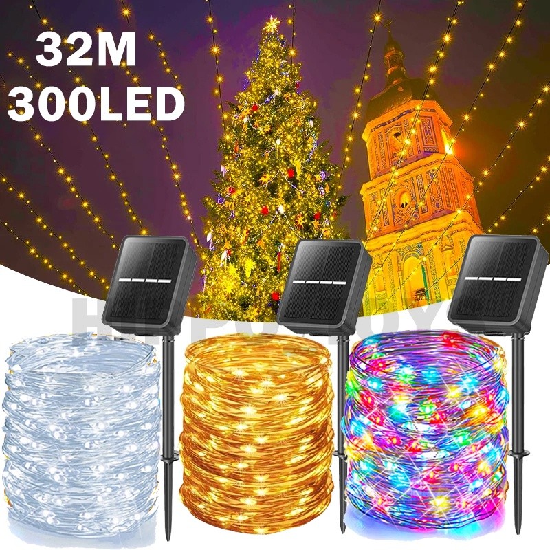 ไฟ led ไฟโซล่าเซลล์ พลังงานแสงอาทิตย์LED สตริงไฟ12/22/32ม 8 โหมด100/200/300ดวง สําหรับตกแต่งสวน ตกแต่งคริสต์มาสและปีใหม่