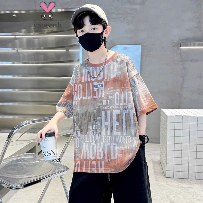 【YAOEENH】120-170 ซม.ฤดูร้อนชายลําลองหลวมแขนสั้นกลางเด็กใหญ่ All-Match การ์ตูนครึ่งแขน T