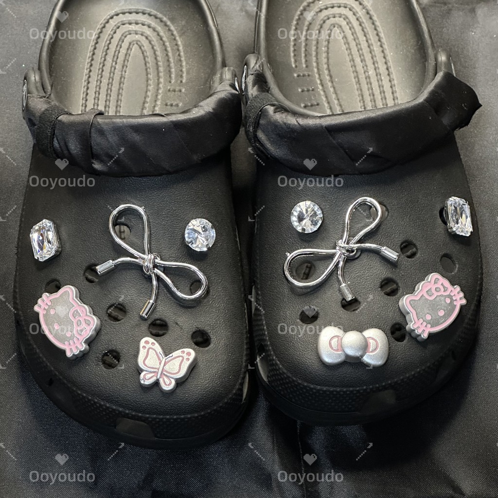 10 ชิ้นริบบิ้นเงิน Hello Kitty รองเท้า Charms - DIY s สไตล์ Clog อุปกรณ์เสริม, Elegant ดอกไม้รองเท้าตกแต่งสําหรับผู้หญิง, แฟชั่นคลิปรองเท้าสําหรับรองเท้าสไตล์, รองเท้าพรีเมี่ยม Jew