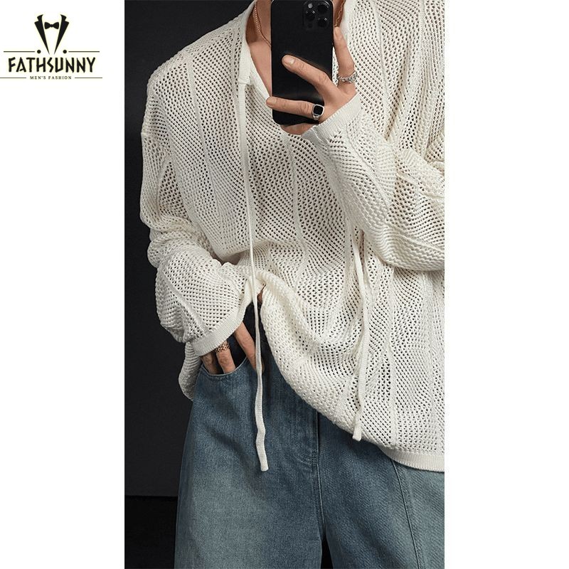 Fathsunny ใหม่เสื้อถักผู้ชาย Retro คอเต่า Hollow สี Drawstring Mature Design แฟชั่นแขนยาว