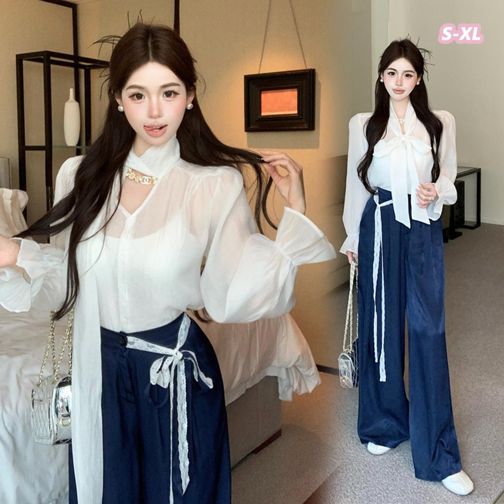🌵Grace_chili🌵เสื้อเชิ้ตคอวีแขนบานผูกโบว์สีขาวสำหรับผู้หญิง กางเกงขากว้างเอวสูงสีน้ำเงินกรมท่า ชุดสวยมากครับ 99055/99053