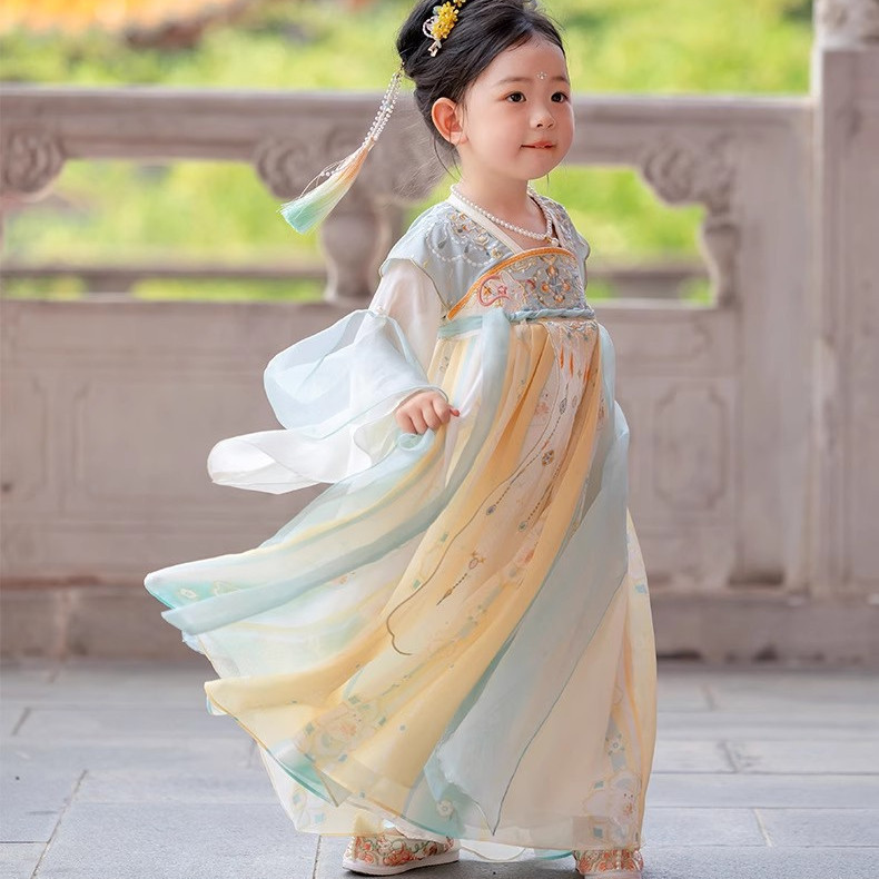 ชุดฮันฟูสไตล์ใหม่สำหรับเด็กผู้หญิง ชุดสไตล์จีน Ruqun ชุดเด็กฤดูใบไม้ผลิและฤดูใบไม้ร่วง ชุดโบราณนางฟ้า ชุดกลางฤดูใบไม้ร่วง ชุดถังซุปเปอร์แฟรี่