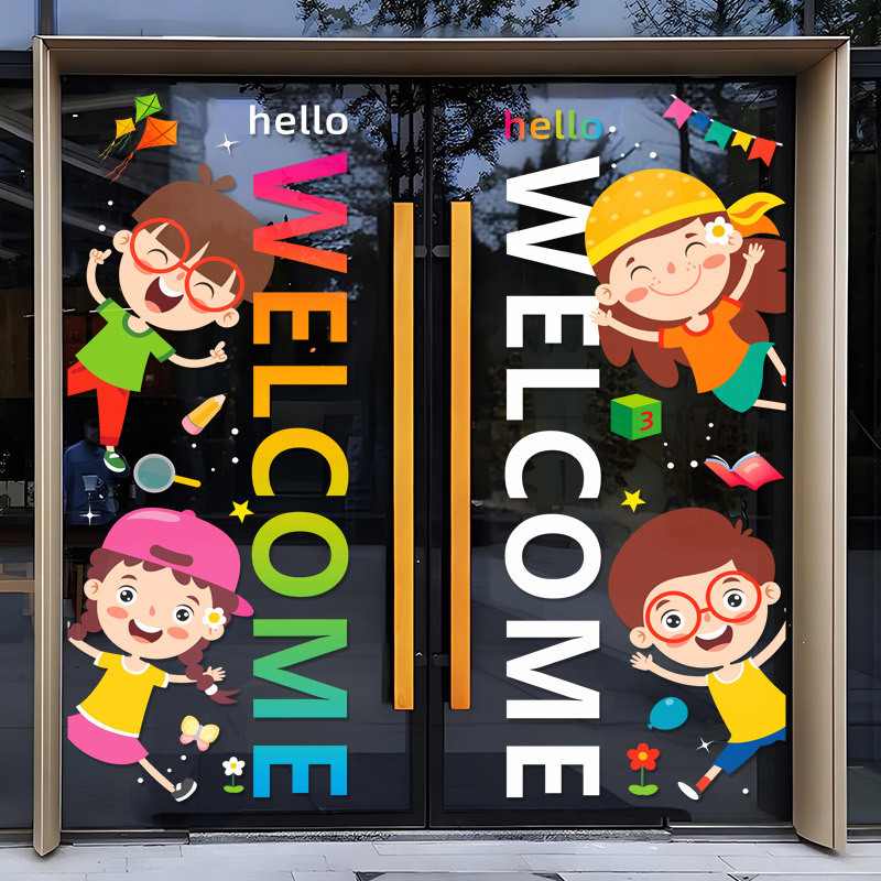 อนุบาลสติกเกอร์แก้วโรงเรียนการ์ตูนห้างสรรพสินค้าสนามเด็กเล่นประตูกระจกตกแต่งเด็กธีมยินดีต้อนรับตกแต่ง - รูปที่ 3