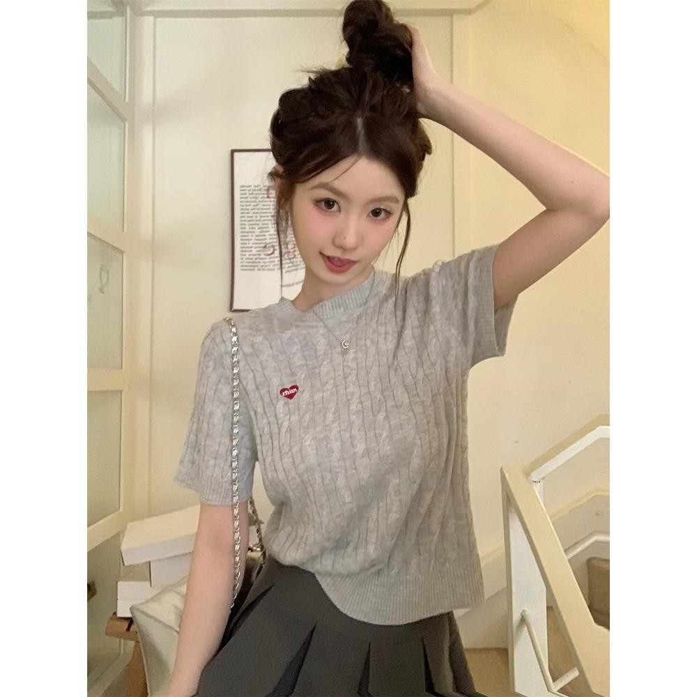 Dahong แขนสั้นเสื้อกันหนาวผู้หญิงรอบคอเสื้อยืดสไตล์ ผ้าร่องบาง การจับคู่สไตล์ ใส่ในไทยช่วงซัมเมอร์ได้แบบชิลๆ D628 - รูปที่ 3