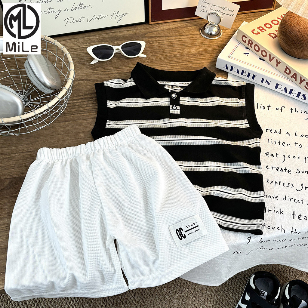 [มล] 80-170ซม ชุดเสื้อกั๊กเด็กฤดูร้อนสไตล์ใหม่เกาหลีรุ่นแฟชั่นชายหญิงทารกกางเกงขาสั้นแขนกุดบางชุดสองชิ้นเสื้อผ้าเด็ก