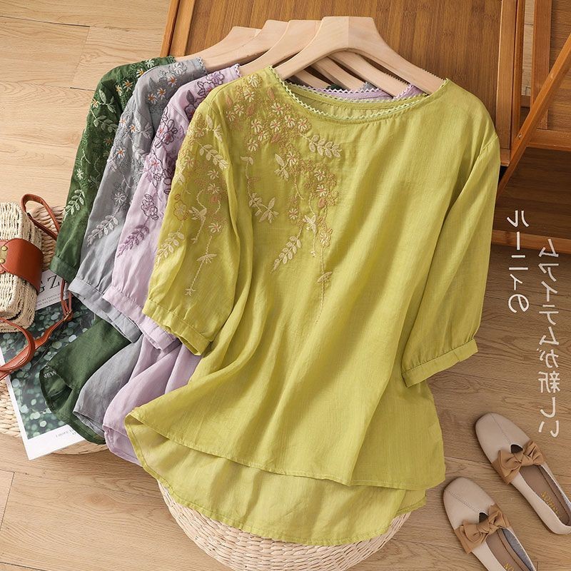 ท็อปเสื้อเชิ้ตผู้หญิงฤดูร้อนใหม่ผ้าฝ้ายลินินบางสไตล์ชาติพันธุ์ปักแขนสั้นศิลปะย้อนยุคหลวมลดน้ำหนัก – โปรปัง
