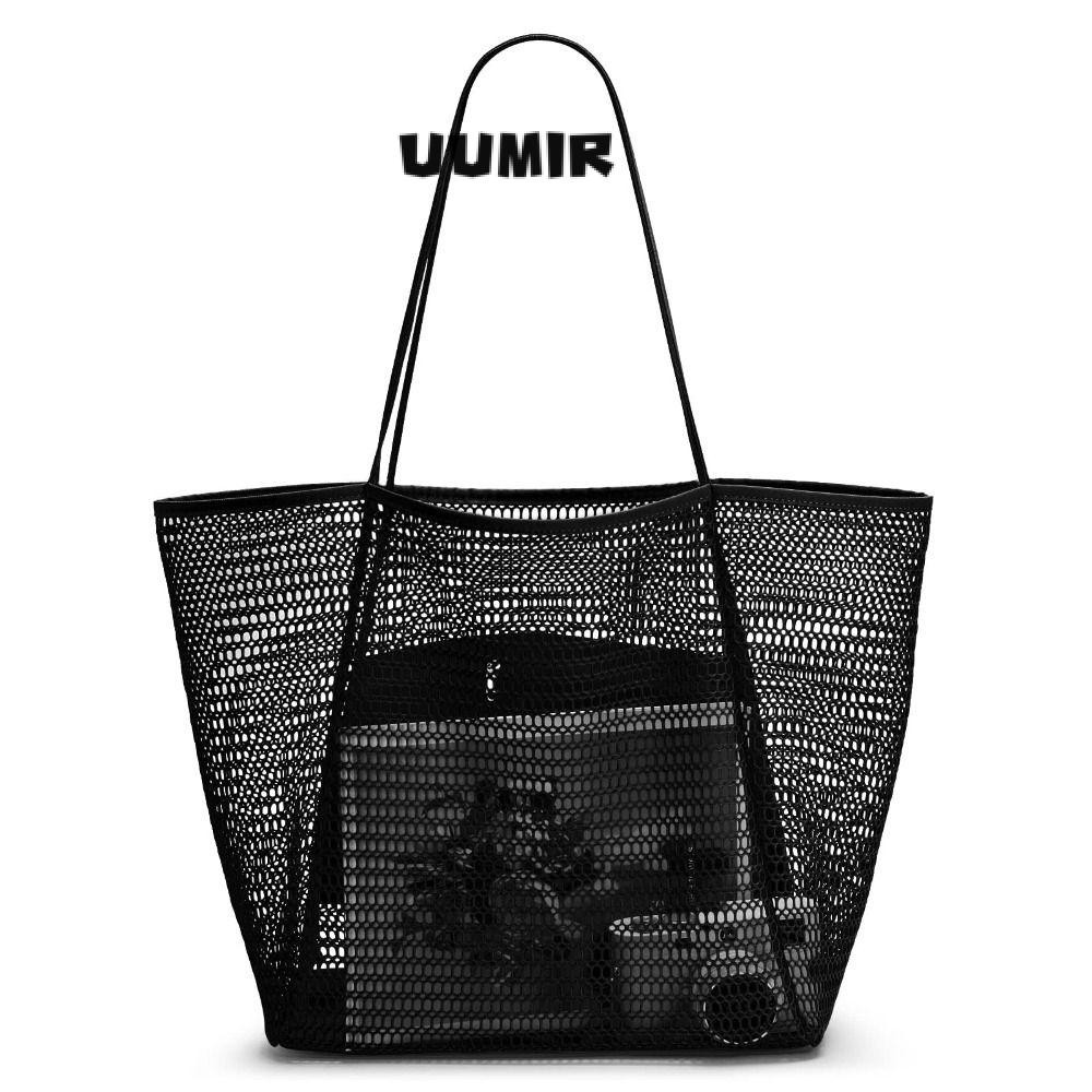 UUMIR Tote Bag, กระเป๋าถือความจุขนาดใหญ่เบา, สีกากีพร้อมตาข่ายกระเป๋าสะพายสีดํา Travel