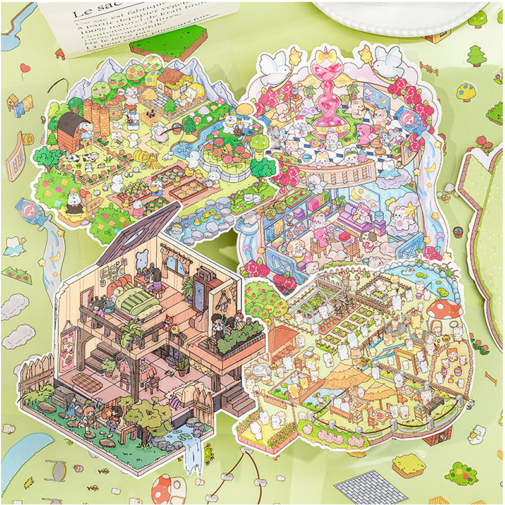 KOWEI 4 ชิ้น [Farm Elf Series] 3D ขนาดใหญ่น่ารักทิวทัศน์สติกเกอร์วัสดุกันน้ําสําหรับสาวเครื่องเขียน Scrapbooking DIY Journaling อุปกรณ์