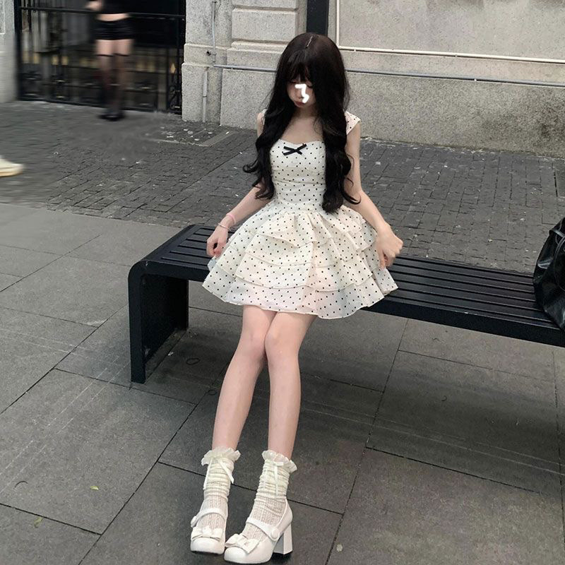 ชุดเดรสวันเกิด French Girly Polka Dot Dress Bowknot Pettiskirt ฤดูร้อนเค้กเจ้าหญิงหวาน XHPZ