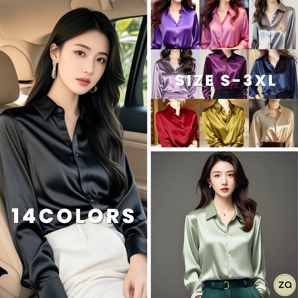 💥HOT SALE💥เสื้อเชิ้ตแขนยาว เชิ้ตซาติน คอปกมีกระดุมหน้า 14 สี ผ้าดี ใส่สบาย