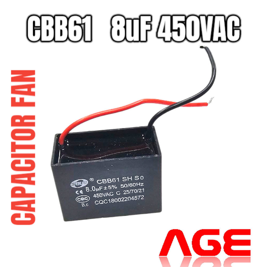 CAPACITOR พัดลม CBB61 8UF 450VAC แบบมีสาย SENJU