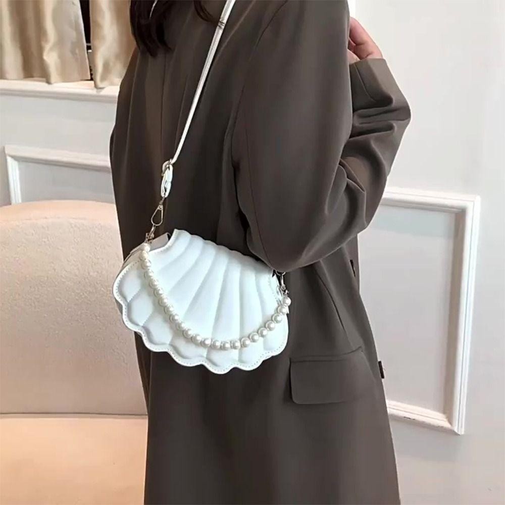 TONFASHION กระเป๋าสะพายข้าง น่ารักด้วยมุกออกแบบเชลล์กระเป๋าสะพายหนัง PU ทนทาน Minimalist Pearl ตกแต่งกระเป๋าถือสําหรับผู้หญิงสาว - รูปที่ 3
