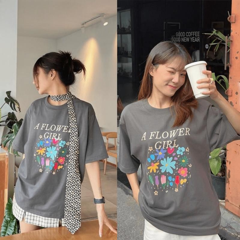 เกาหลี ผ้าฝ้าย100% เสื้อยืดแขนสั้น Oversize CMDXY7443 ผู้ชาย ผู้หญิง ลายทาง ตัวอักษร การ์ตูน หลวม ฤดูร้อน ฤดูใบไม้ผลิ